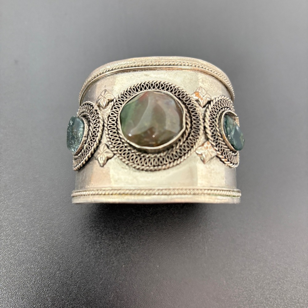 Unbranded Women Cuff Bracelet OS Silver Green Moss Agate Filigree Vintage Style